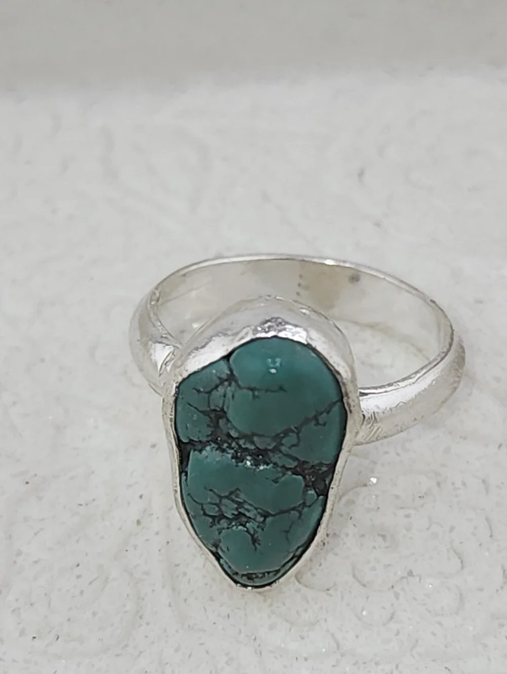 TURQUOISE BOHEMIAN RING HANDMADE IN STERLING RECYCLED METAL SIZE 8 GENUINE STONE